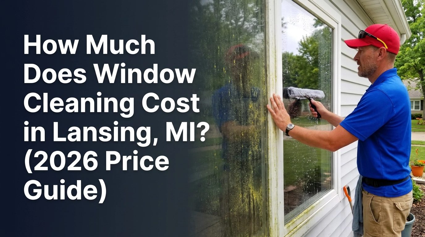 Technician in a red cap and blue shirt cleans a residential window beside a dramatic dirty-to-clean exterior transformation in Lansing, Michigan.