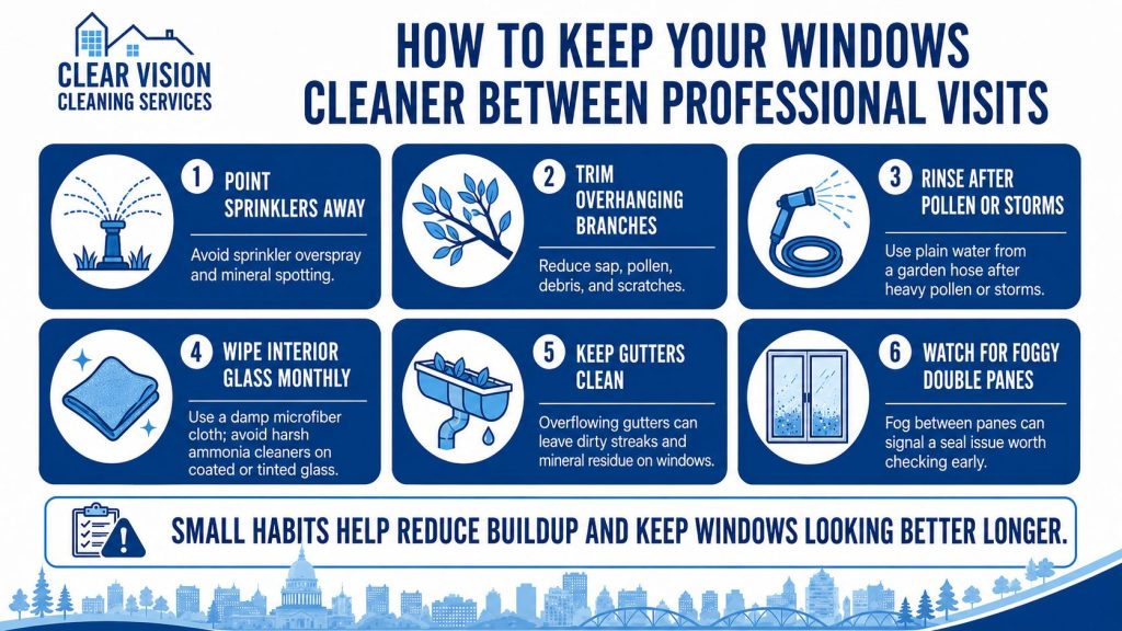 Infographic with six ways to keep windows cleaner, including adjusting sprinklers, trimming branches, rinsing glass, and cleaning gutters
